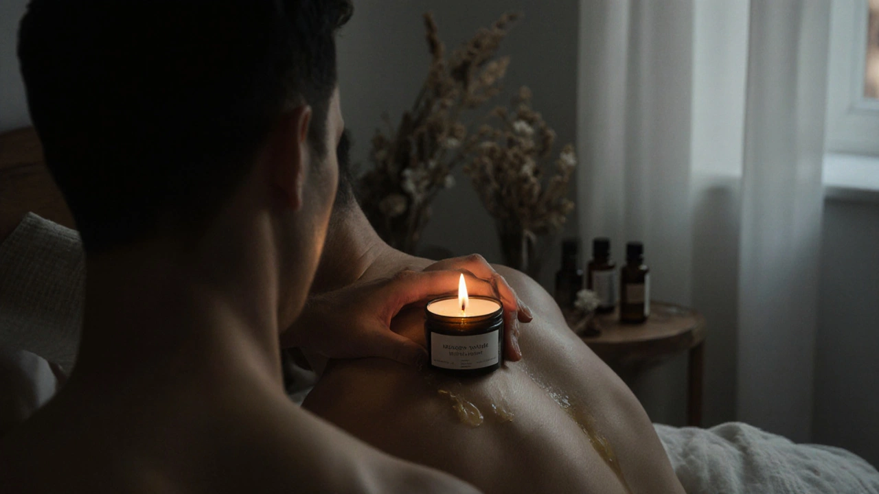 Dvojice si společně dělá masáž přirozenou svíčkou v klidné, osvětlené ložnici.
