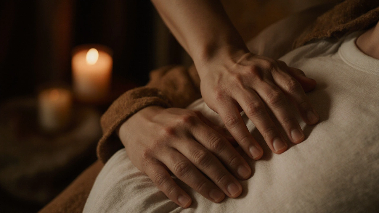 Dvě ruce v klidném okamžiku — jedna na břiše, druhá nad ním, ne dotýkají se, ale nabízejí prostor a výběr.