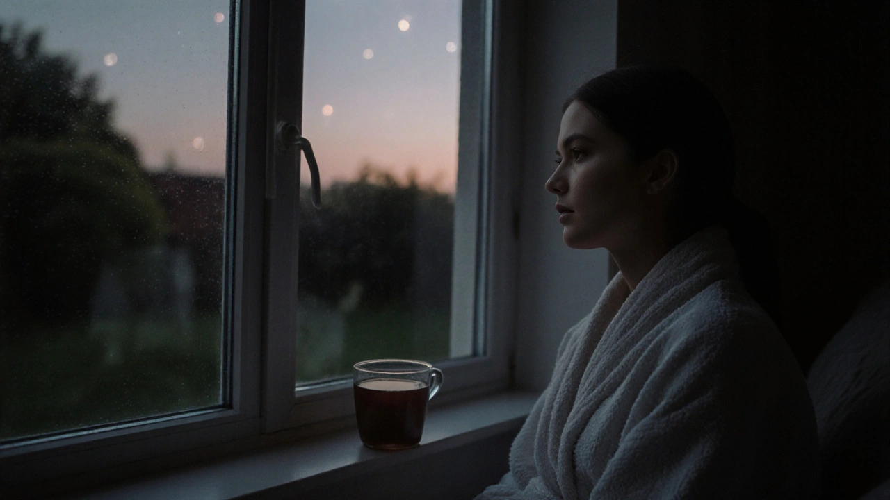 Osoba po sezení, obalená v plátně, dívá se z okna na soumrak, slzy na tváři, klidná a probuzená.