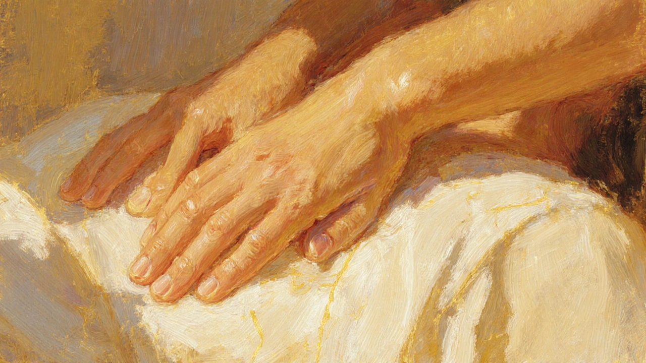 Dvě ruce v synchronii nad hrudní čárou, s jemným zářivým spojením mezi nimi.