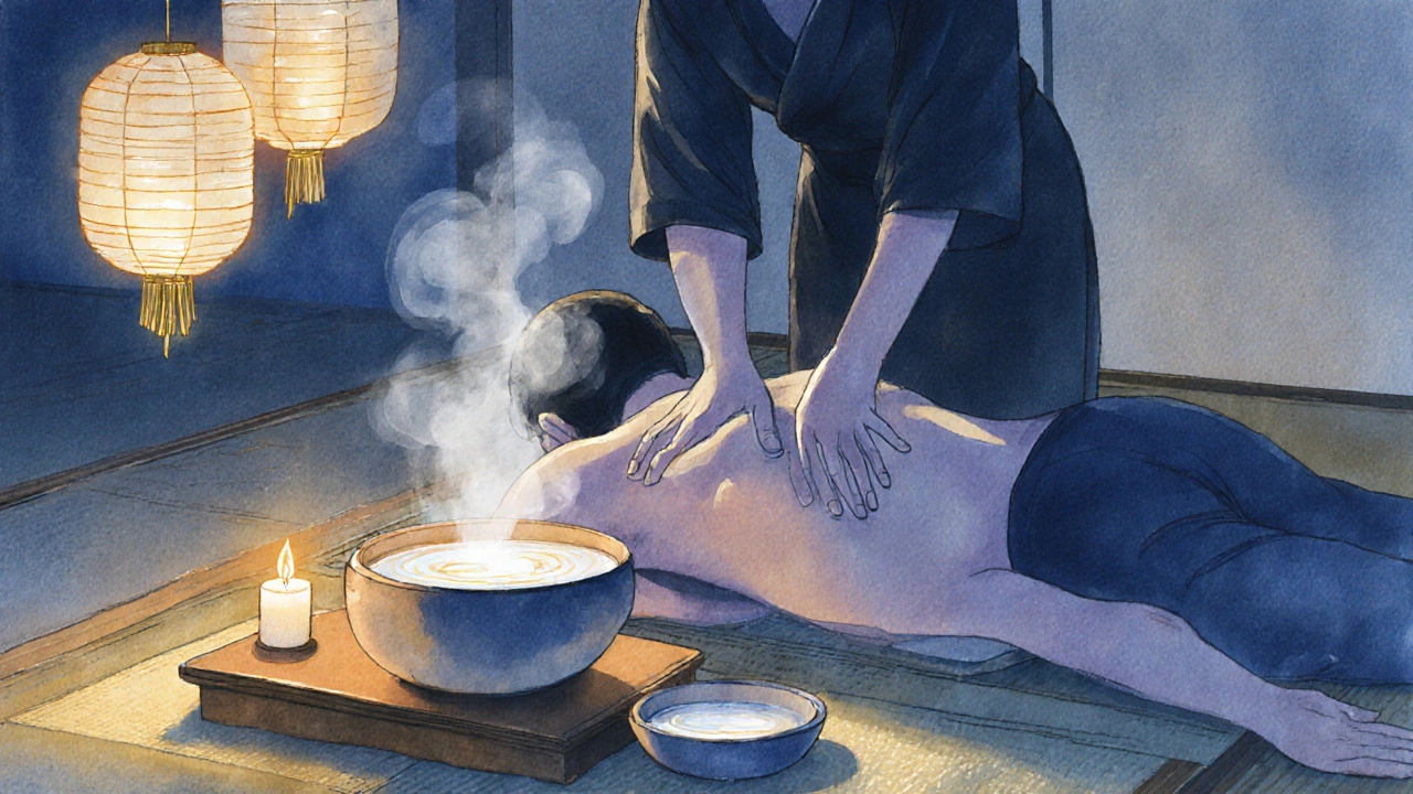 Ilustrace maséra, který celé tělo klouže po klientovi na tatami pod světlem svíček.