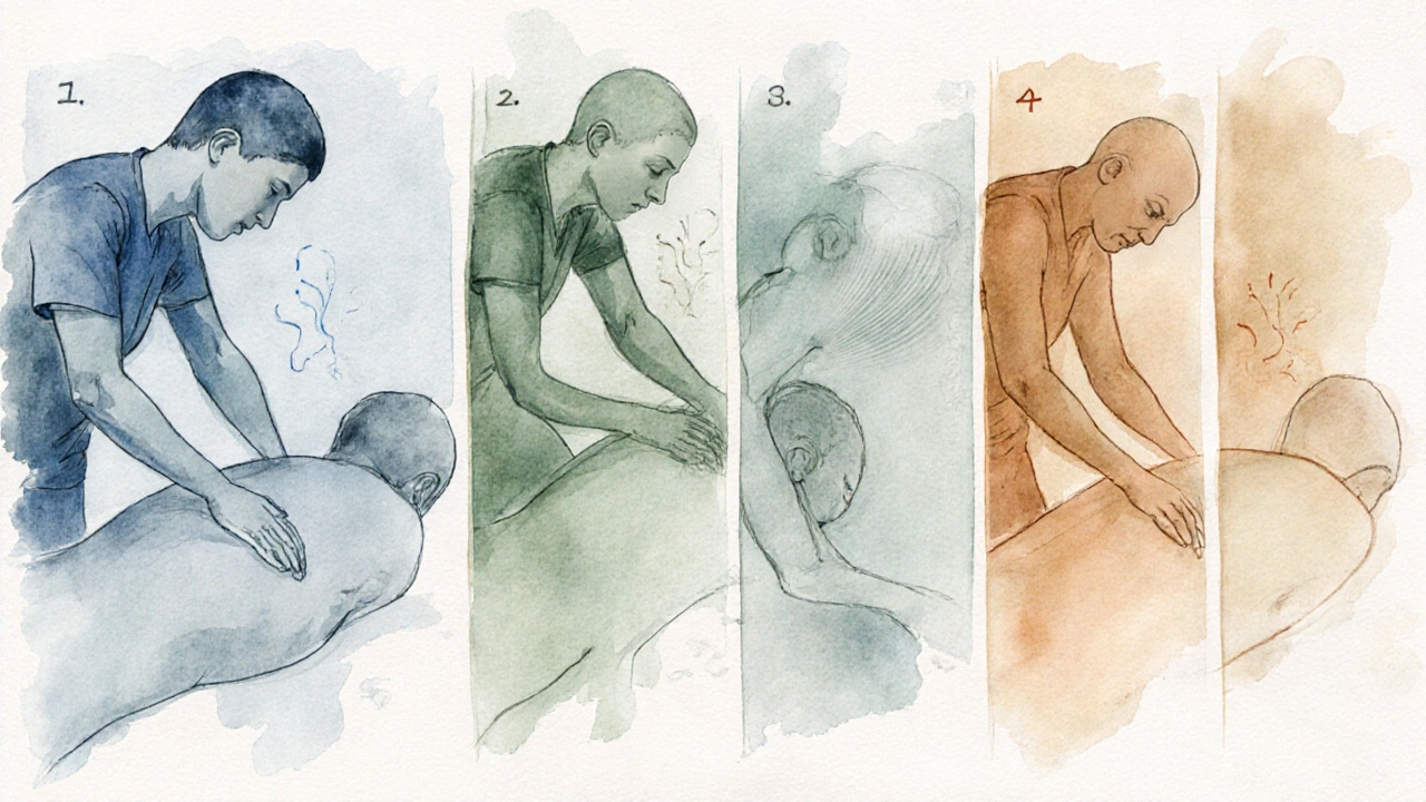 Ilustrace pěti fází lingam masáže – od relaxace po intenzivní část, s důrazem na dýchání.