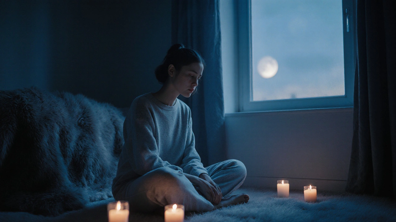 Osoba sedí v klidu po masáži, jedna slza na tváři, měsíční světlo proniká oknem.