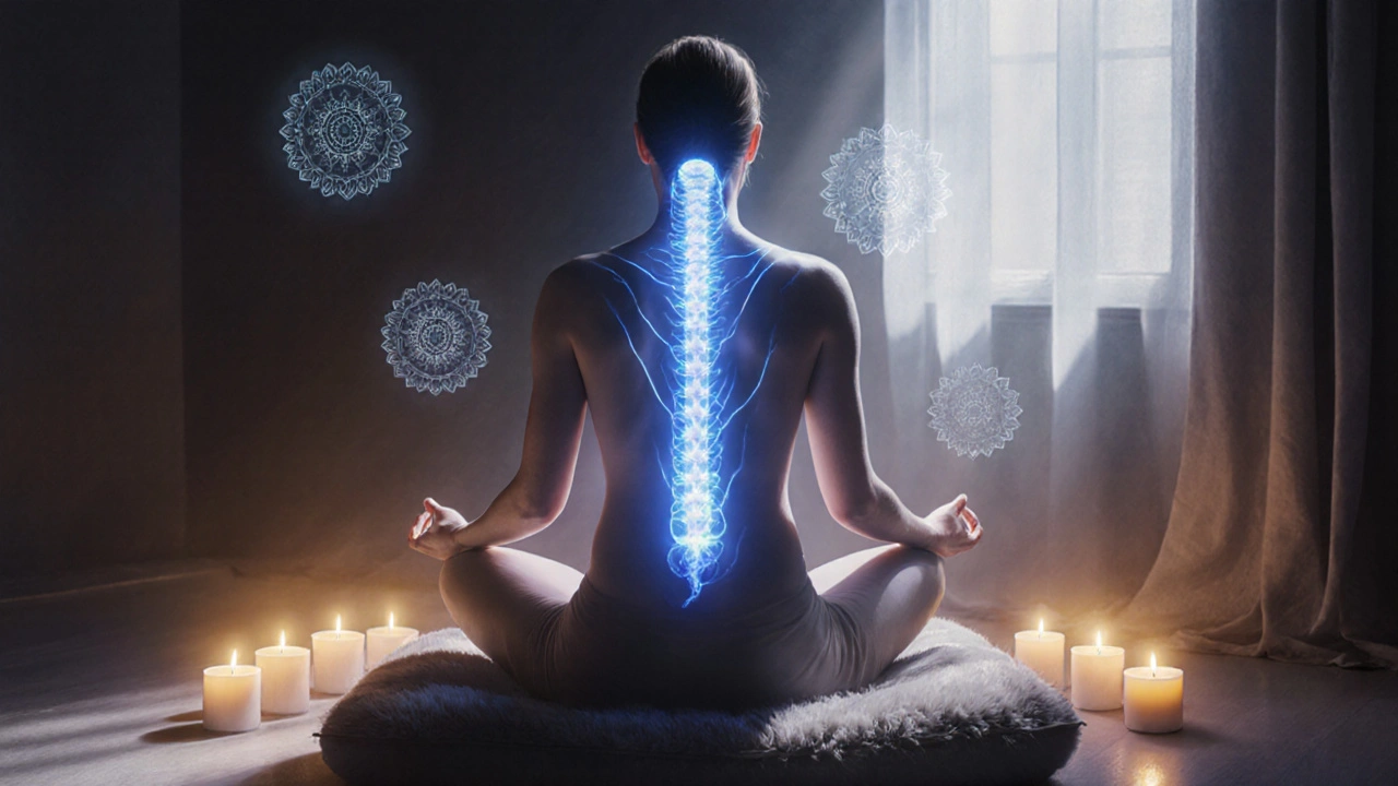 Osoba v meditační pozici, obklopena zlatým světlem, s jasnými energetickými pruhy podél páteře.