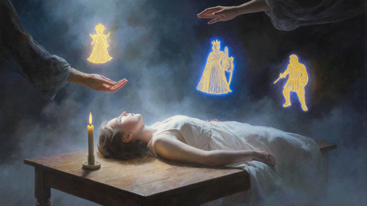 Symbolické obrazy dítěte, královny a hrdiny plavou nad tělem osoby během tantrické masáže.