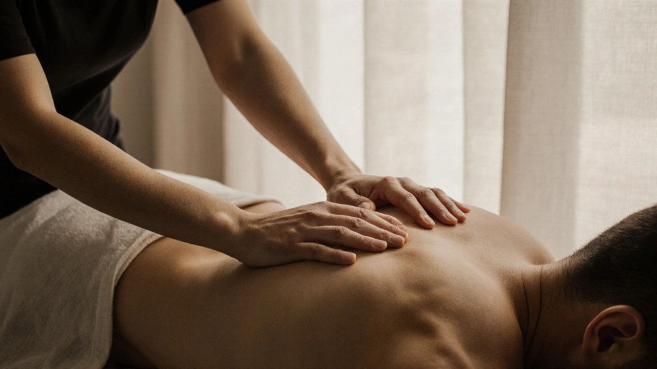 Terapeutova ruka se dotýká břicha klienta v klidném prostředí, oba dýchají pomalu.