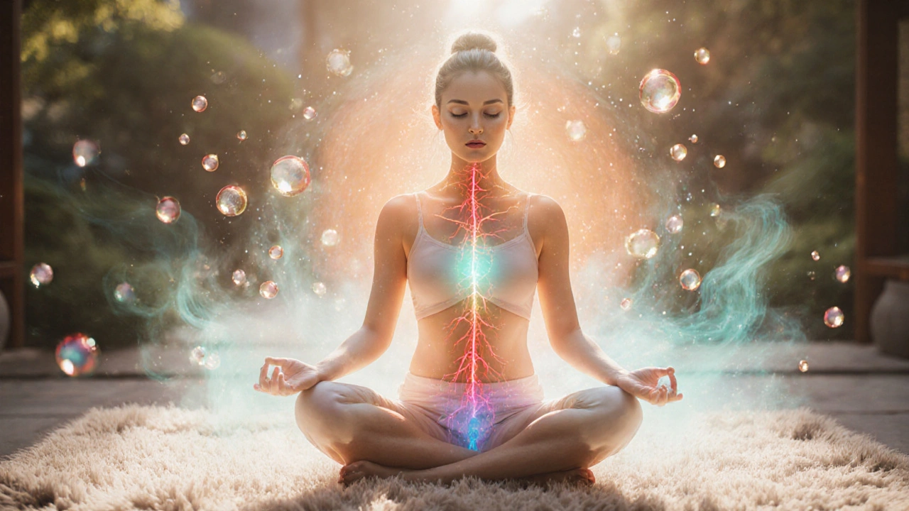 Žena v meditaci obklopená zářivou aurou a kapkami růžového oleje, vyzařuje klid a energii.