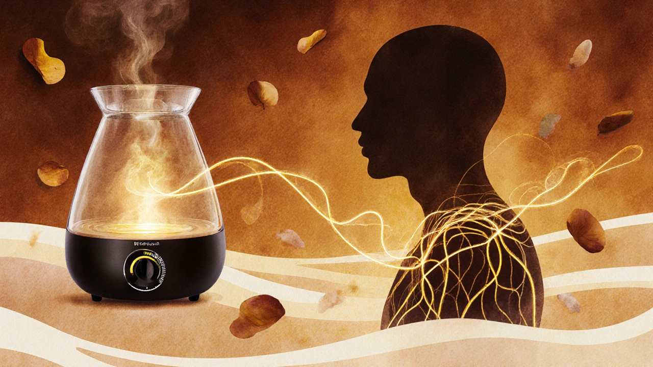 Abstraktní znázornění teplého oleje jako zlatého proudu spojujícího tělo a klid.