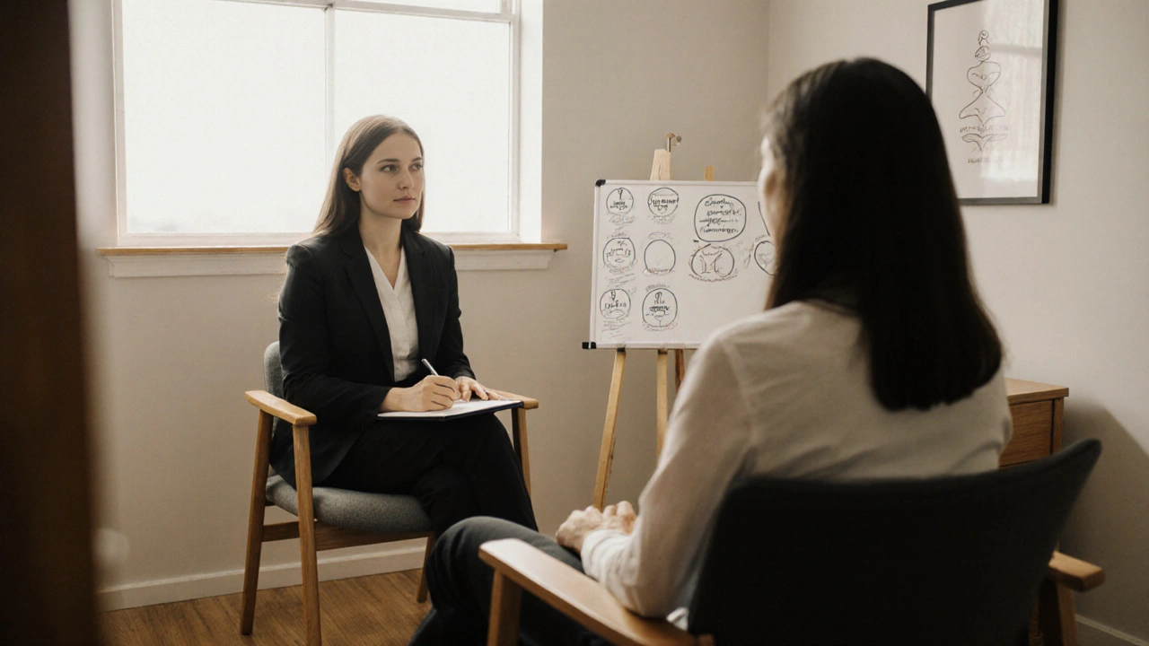 Certifikovaný terapeut v profesionálním oblečení spolu s klientem analyzuje dýchací cvičení a hranice v klidné terapeutické místnosti.