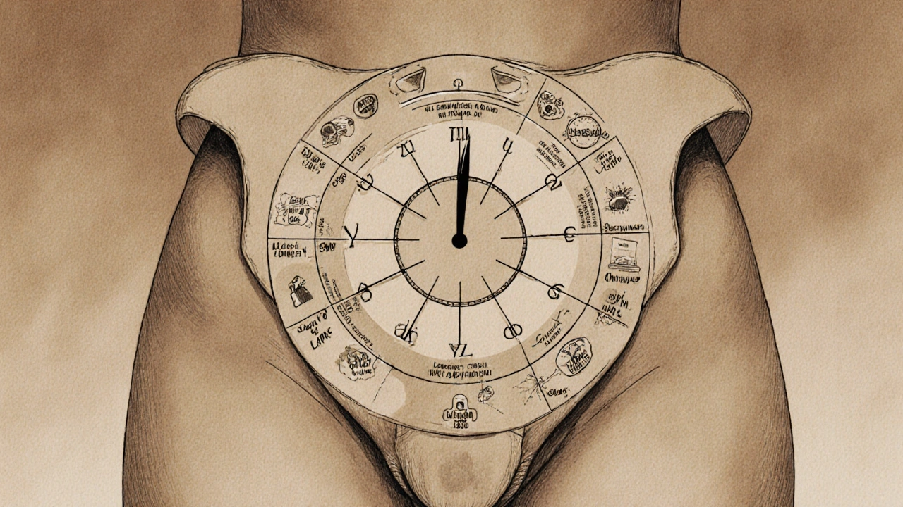 Ciferníkový systém 12 klíčových bodů na stěně pochvy s emocionálními symboly.