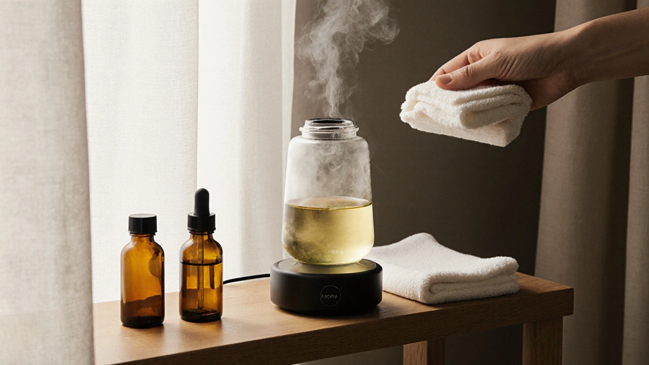 Čistý ohřívač oleje s odstranitelnou lahvičkou na dřevěné polici v domácím prostředí.