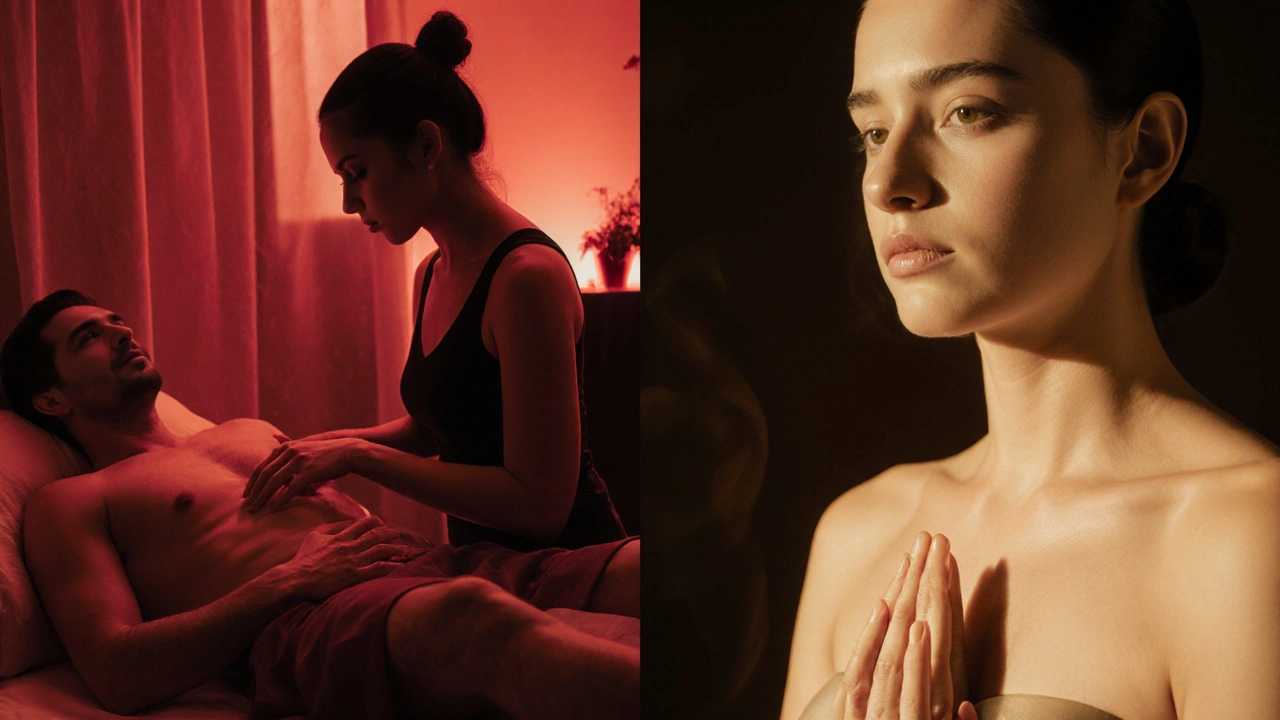 Dvě scény vedle sebe: jedna s neautentickou masáží v červeném světle, druhá s autentickou tantrickou praxí v zlatém světle a plném oblečení.