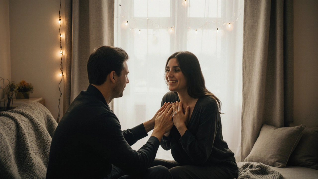 Emocionální spojení v neotantrické sezení, kde klient a terapeut dotýkají rukou s pláčem a úsměvem.