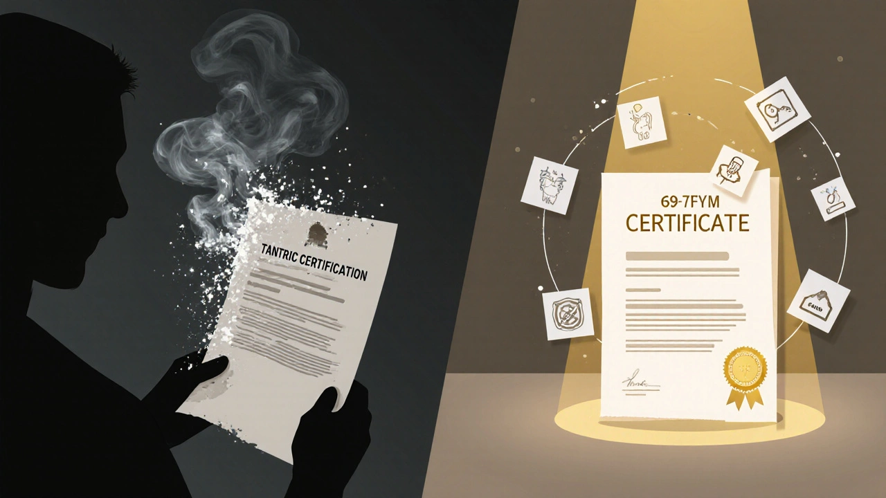 Konceptuální obrázek: křehká tantrická certifikace se rozplynuje, zatímco oficiální kvalifikace 69-037-M září jako základ důvěry.