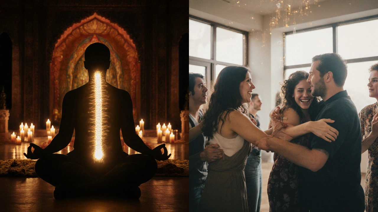 Kontrast mezi duchovním probouzením kundalini a emocionálním uvolněním v neotantrickém kruhu.