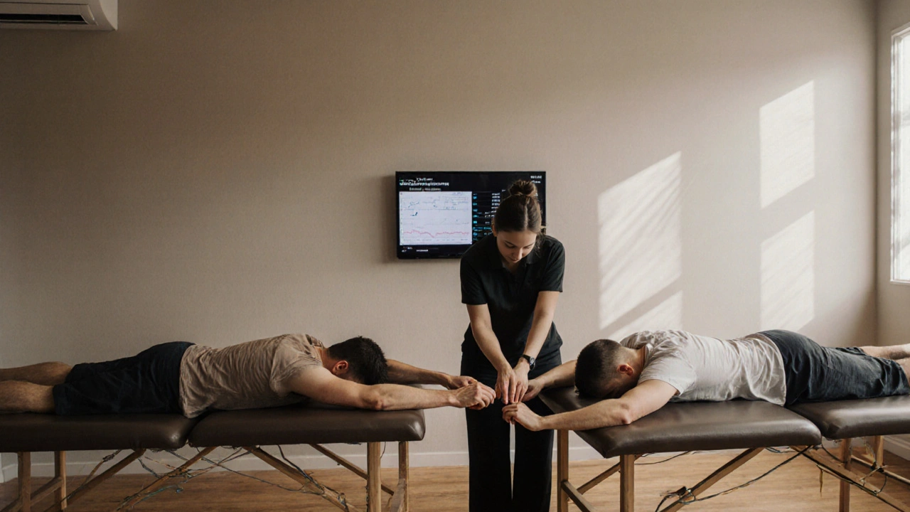 Masérka pracuje na ramenách a zádech dvojice rodičů v klidném wellness centru, jejich ruce se lehce dotýkají.