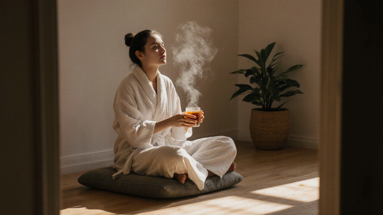 Osoba po masáži sedí v plátnovém róbě a pije čaj v klidném prostředí.