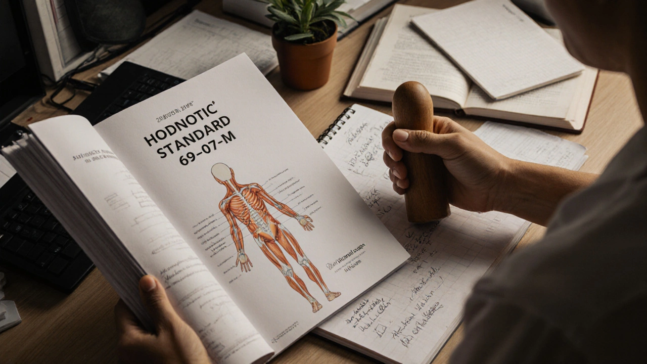 Ruce drží oficiální příručku kvalifikace 69-037-M a masážní nástroj na stole s anatomickými knihami.
