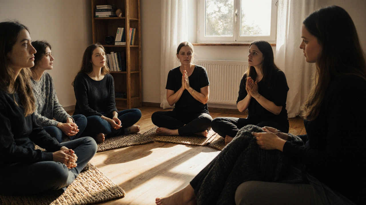 Skupina žen po pokročilé sezení vaginálního mapování v klidné, osvětlené místnosti.