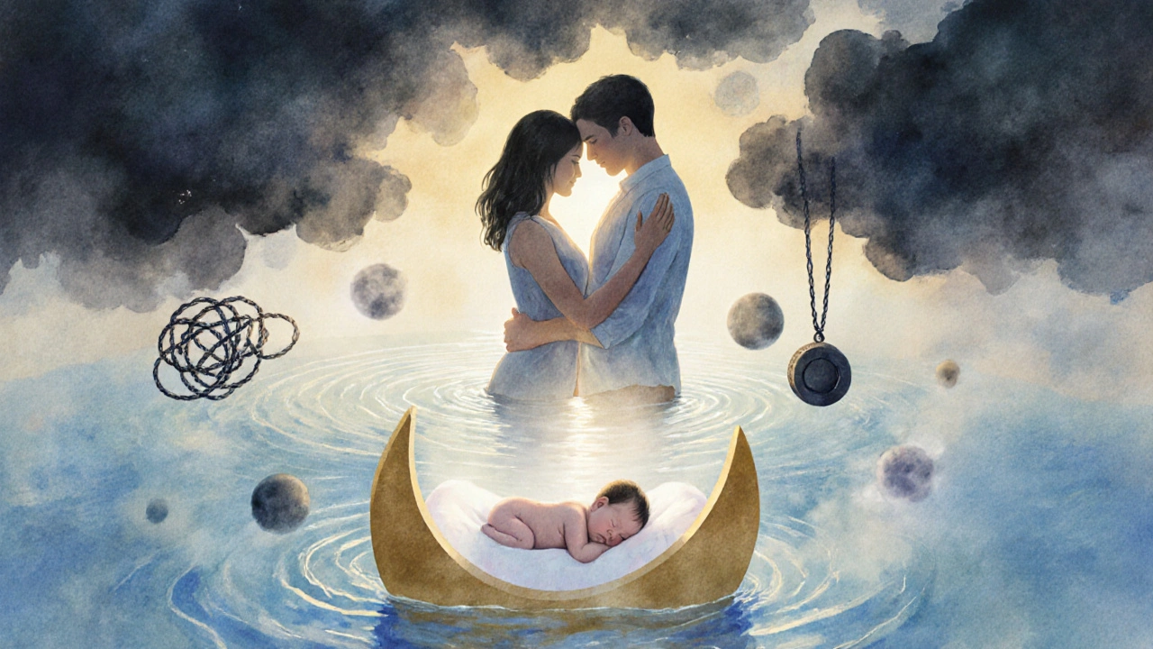 Symbolická scéna dvojice, jejichž těla se vznášejí nad vodou, kde se stres mění v mlhu a znovu se objevuje intimita.