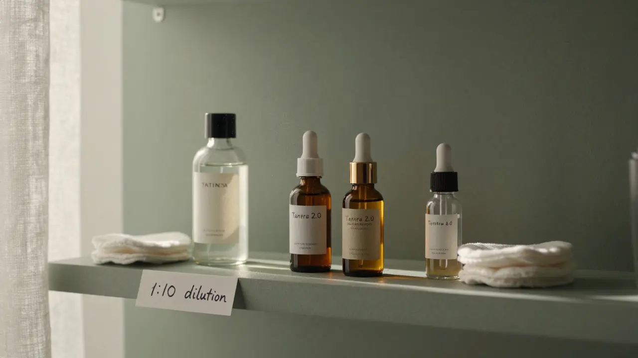 Apothekářská police s láhvičkami aromaterapeutické směsi Tantra a příslušenstvím pro aplikaci.