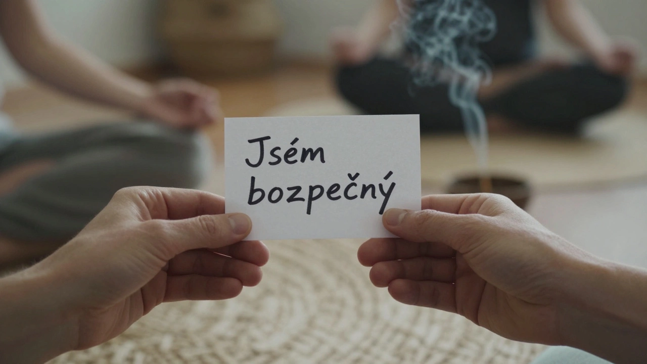 Dvě ruce předávají si list s větou &#039;Jsem bezpečný&#039; v klidném prostředí.