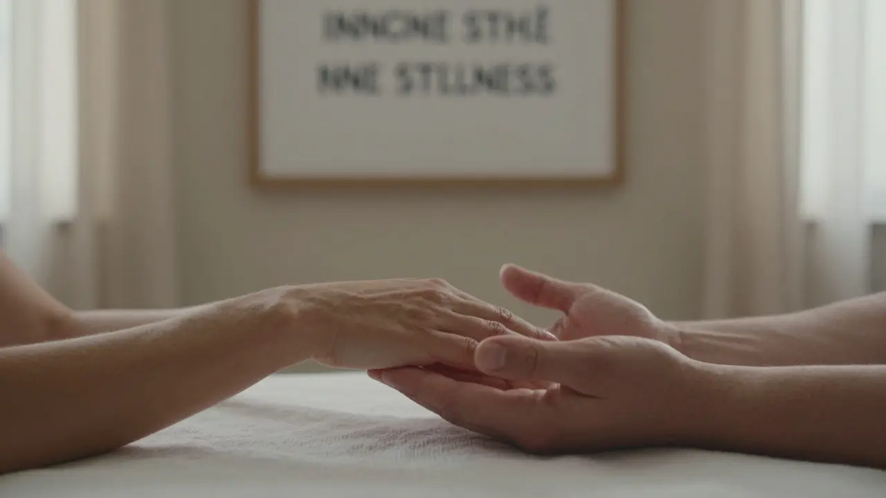 Dvě ruce se setkávají v tiché, ne-sexuální gestu, obě oblečené, symbolizující důvěru a hranice.