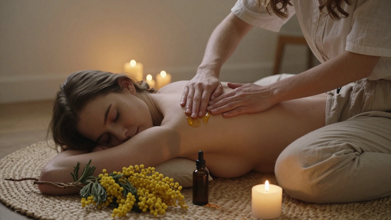 Dvojice si provádí tantrickou masáž na koberci při světle svíčky.