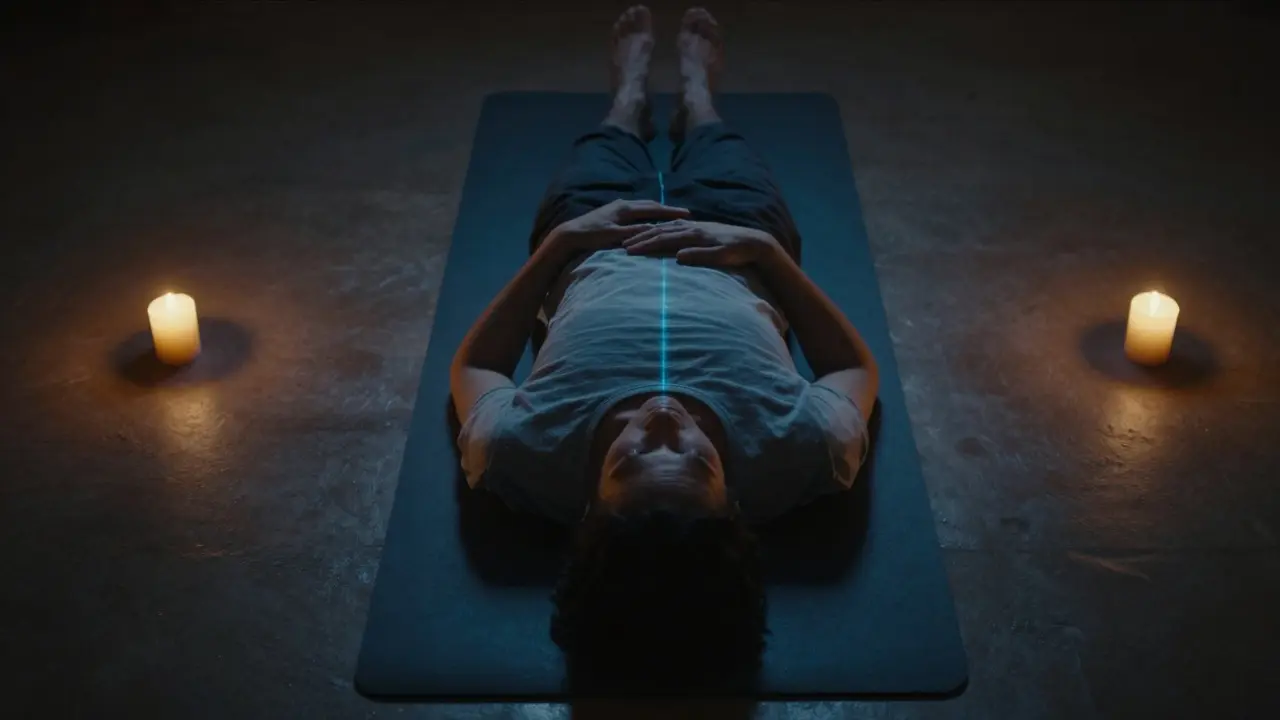 Osoba leží s hlavou k severu, v okolí jsou vidět subtilní magnetické čáry.