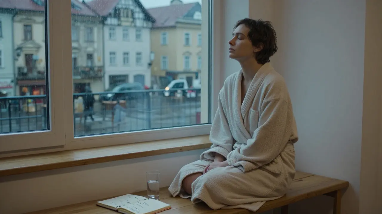 Osoba po masáži sedí u okna v róbi, zamyšleně se dívá do deštivého odpoledne, vedle ní sklo vody a poznámky.