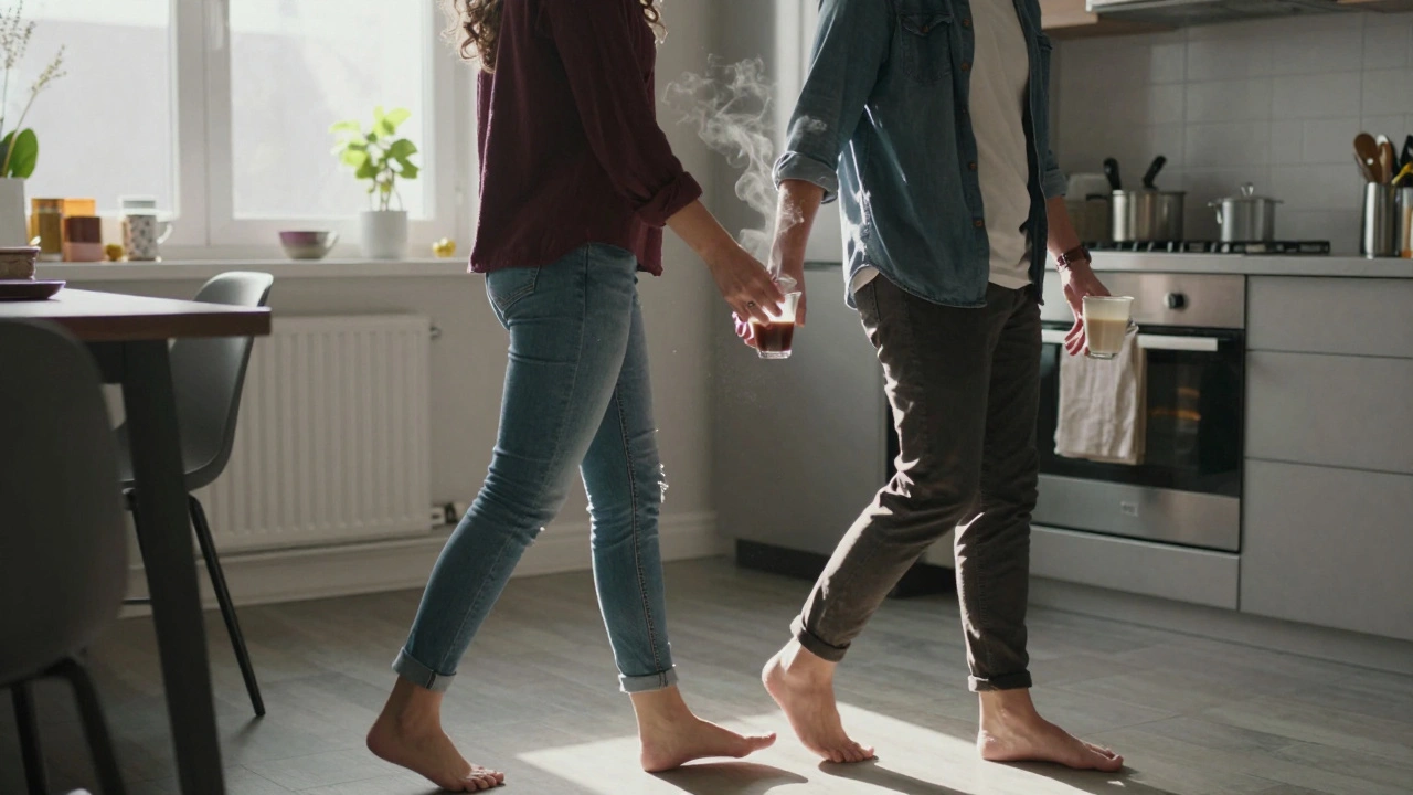 Pár si v kuchyni předává kávu bez slov, jen pohledem a dotekem, ráno, slunečné světlo.