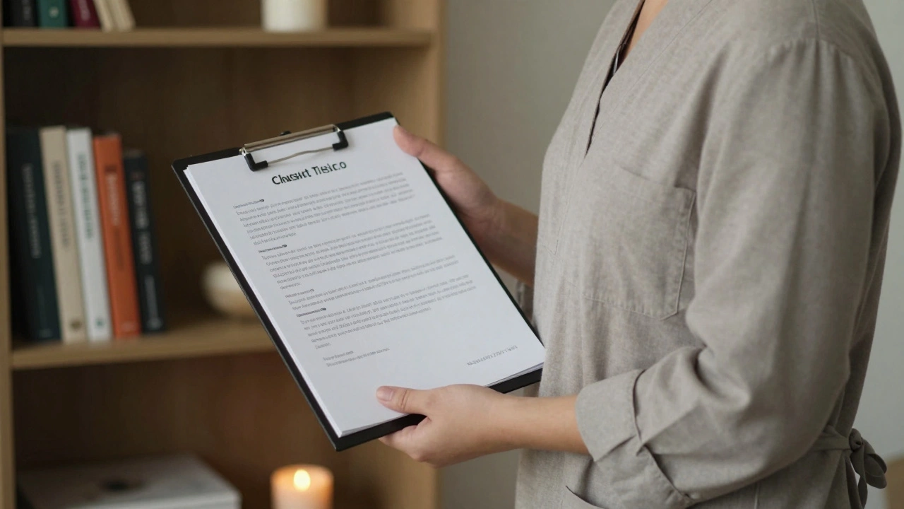 Profesionální masér drží anonymizované reference v tichém prostředí.