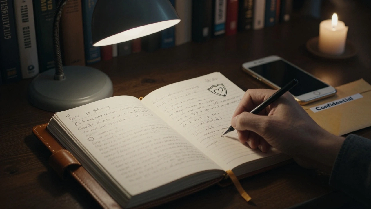 Ruka píše do záznamové knihy s podrobnostmi o incidentu v kanceláři salonu.