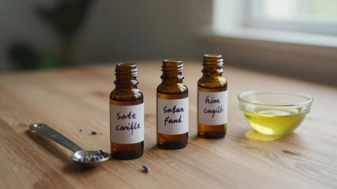 Tři tmavé skleněné lahvičky s esenciálními oleji na dřevěné desce.