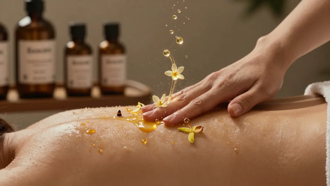 Žena s rukou navlhčenou esenciálním olejem, který se v ovzduší vznáší jako zlaté částice.