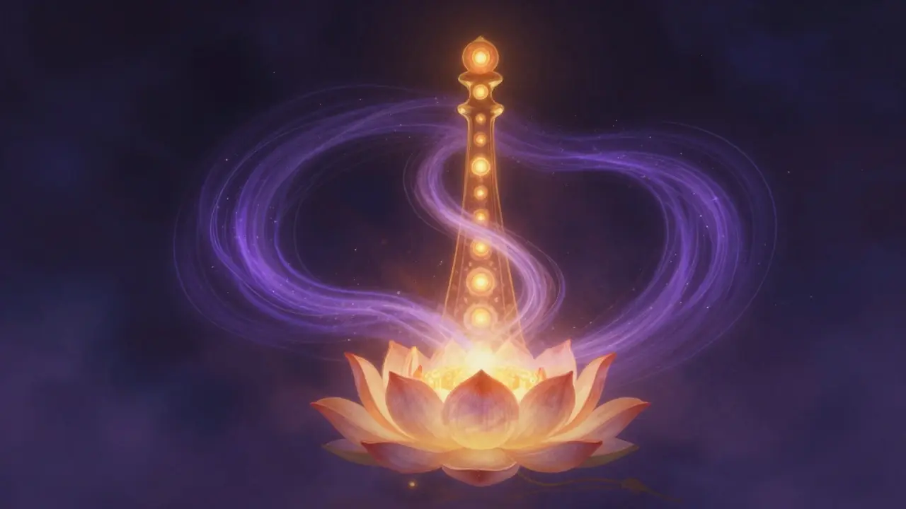 Abstraktní symboly lingamu a yoni jako proudu teplé a studené energie spojené v kosmickém prostoru s chakrami.