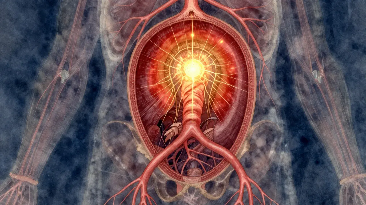 Anatomický výřez prostaty s proudy energie v pánvi.