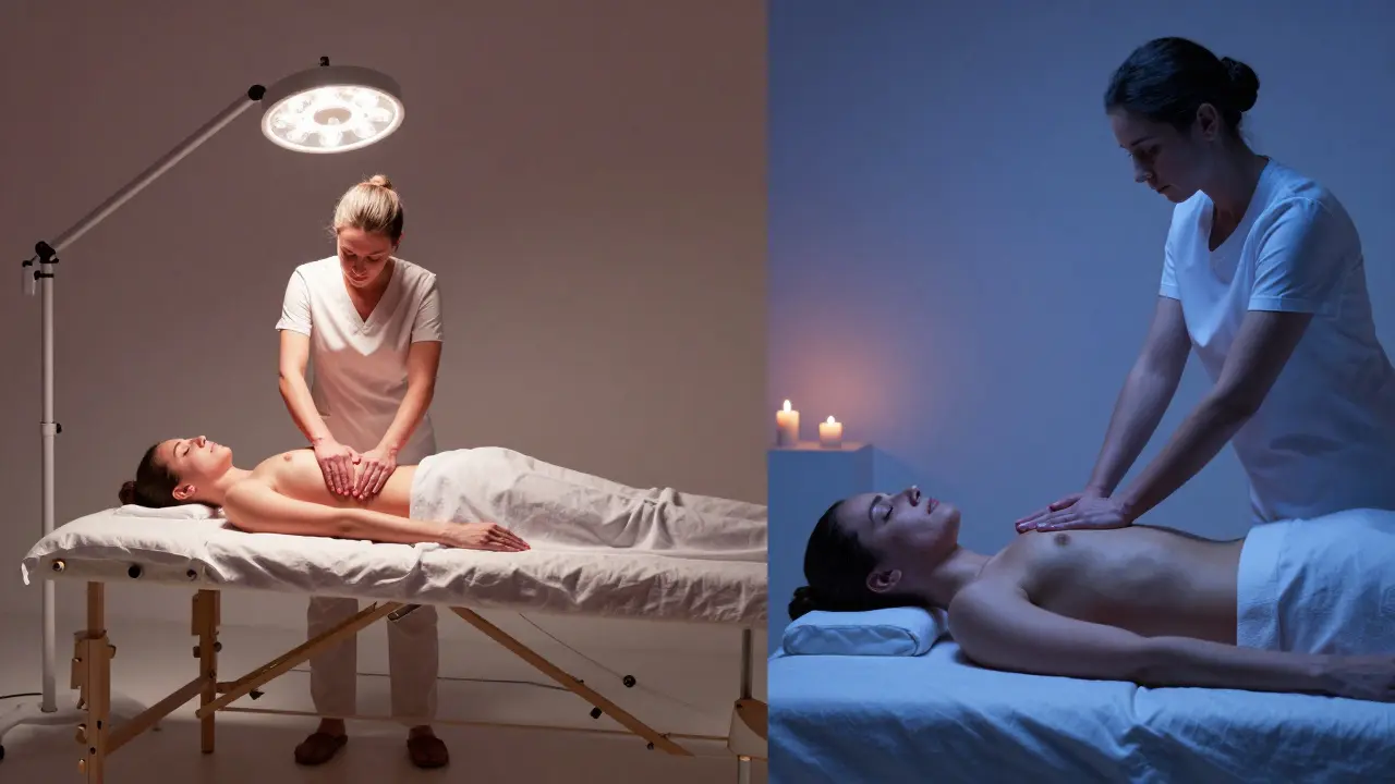 Dvě scény vedle sebe: klinická masáž na levé straně a energetická práce v klidu na pravé — znázorňující rozdíl mezi mýtem a pravdou.