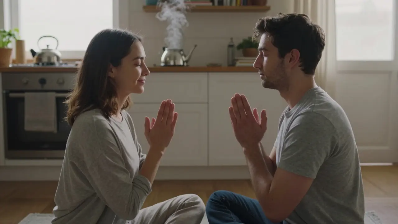 Dvojice sedí čelem k sobě, ruce spojené, klidně dýchají v domácím prostředí bez nátlaku.