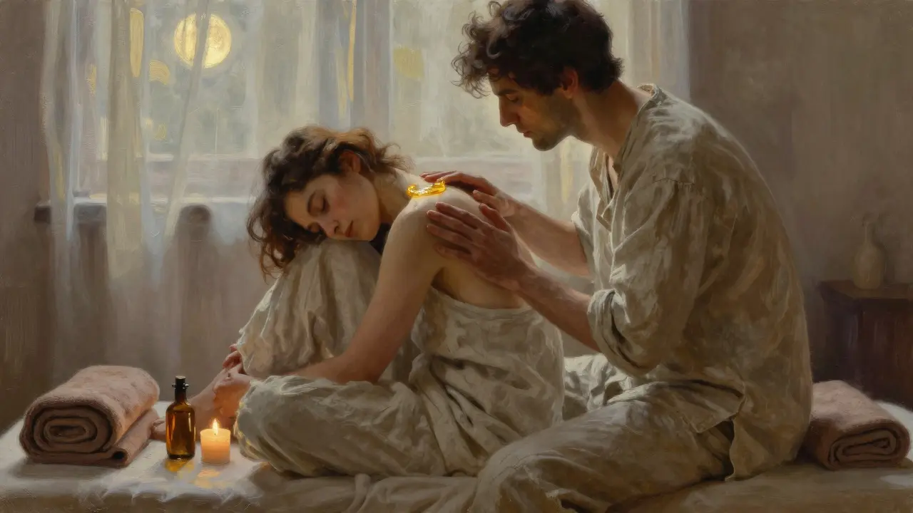 Muž jemně masíruje záda partnerky v klidném domácím prostředí, oba jsou oblečení.