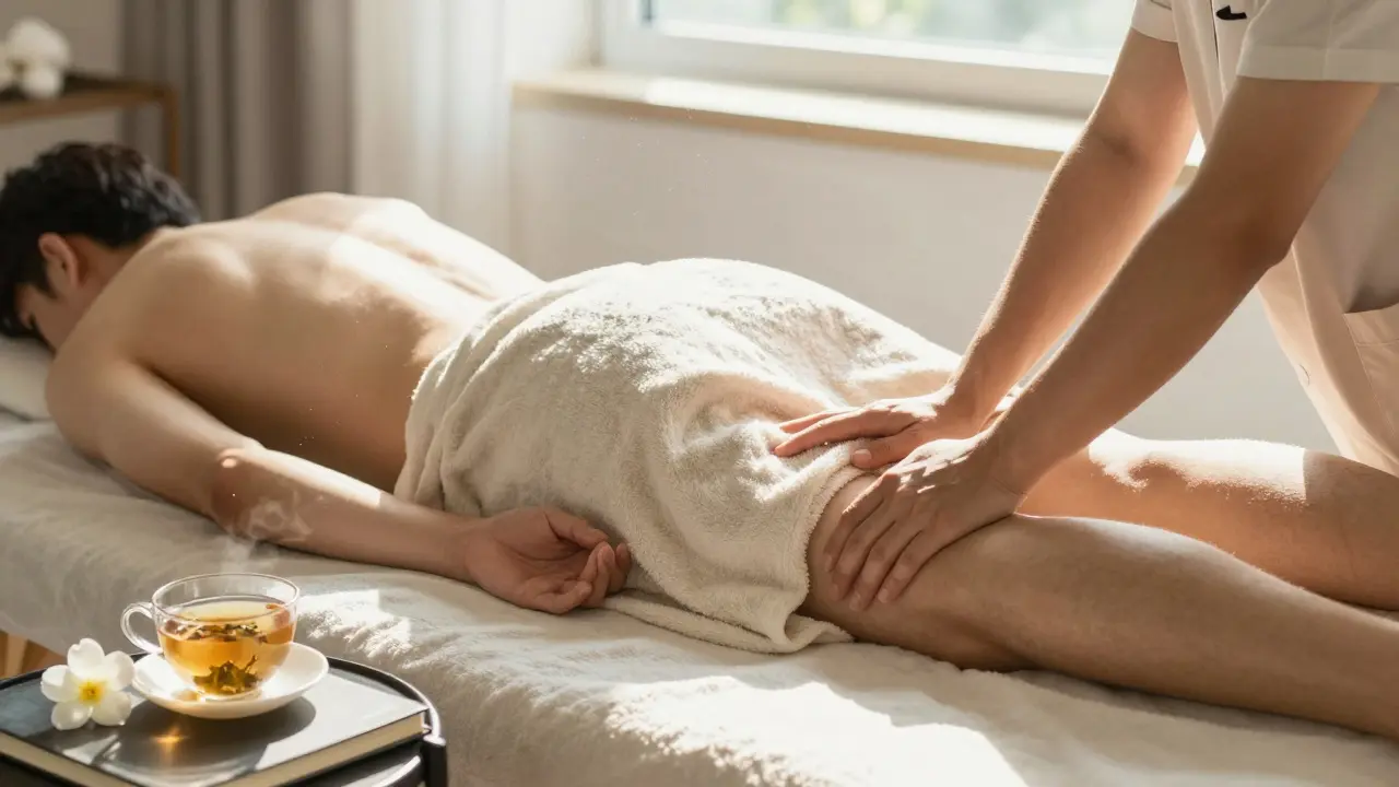 Muž po masáži leží v plátně, terapeut ho jemně masíruje paži a nohu při slunečním světle.