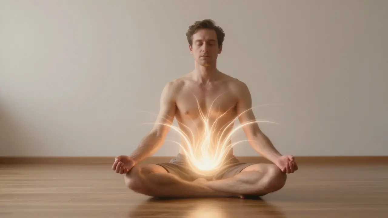 Muž v meditaci s abstraktními světelnými vlnami energie z pánve.