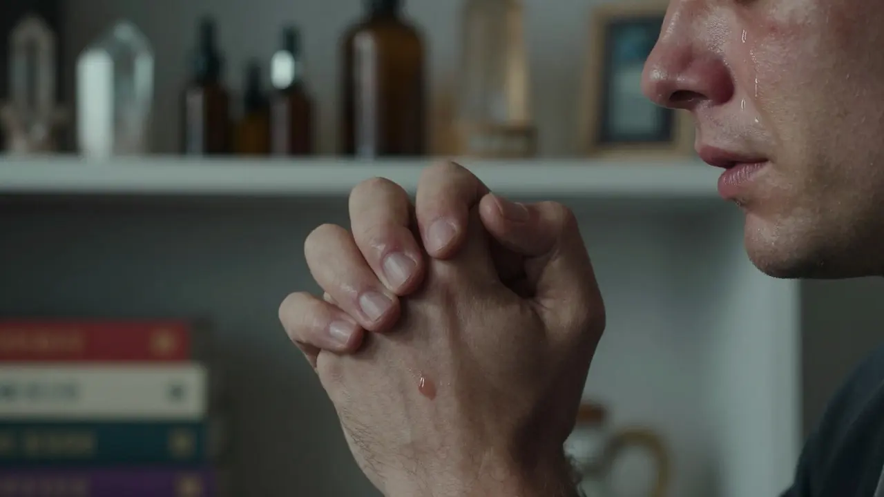 Ruce se drží za ruce, slzy na tváři muže v tichém okamžiku emočního uvolnění.