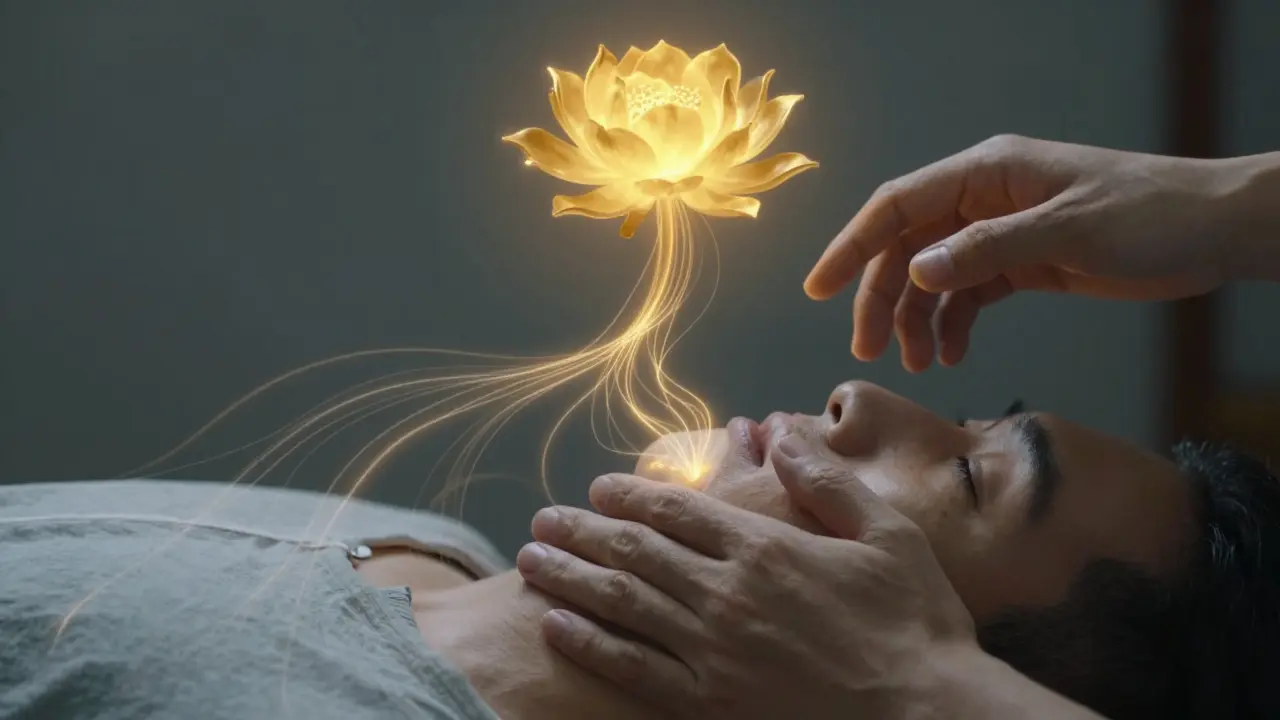 Ruka dotýkající se perinea, z níž vyrůstají zářící vlákna energie k zlaté květině.