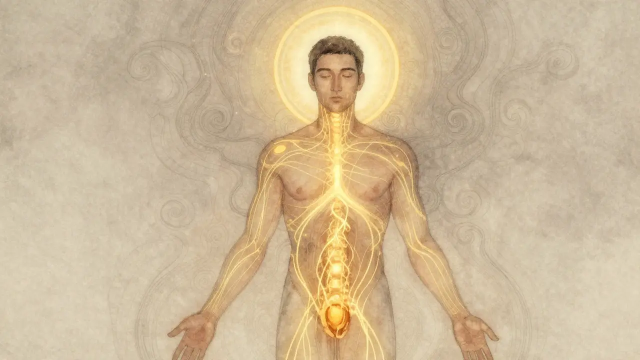 Tělo muže s průhlednými zlatými linemi energie stoupajícími po páteři k hlavě.