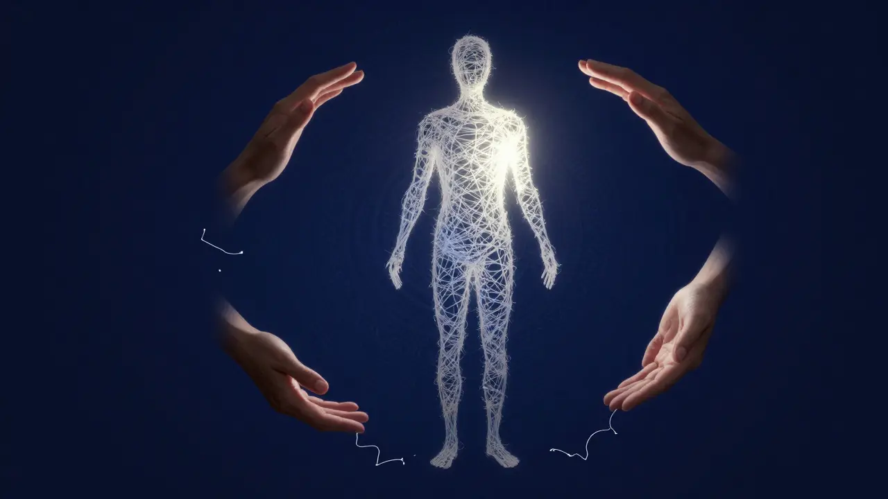 Abstraktní silueta člověka z provázku, s jedním zářivým vláknem a třemi rukama symbolizujícími souhlas, odmítnutí a klid.