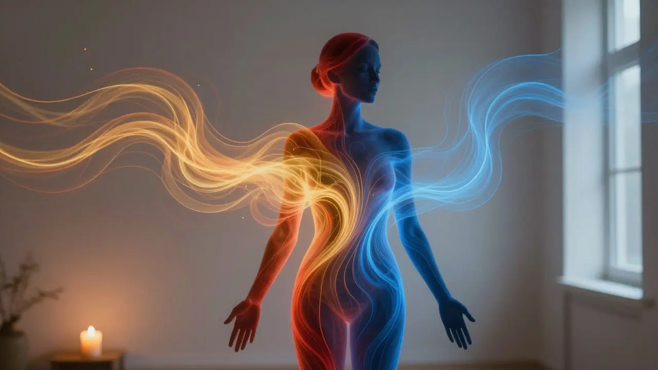 Abstraktní silueta symbolizující rovnováhu tepla a chladu v tantrické masáži, naplněná proudy barvy v klidném prostředí.