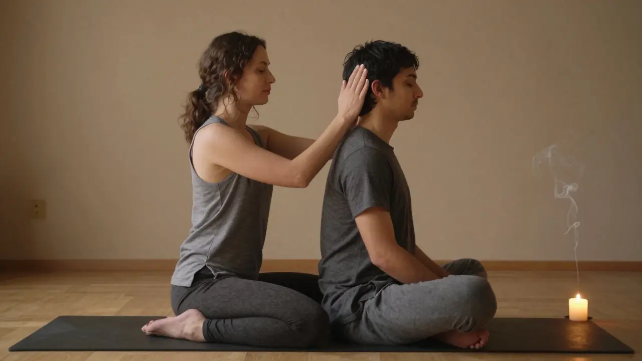 Dva lidé sedí na podlaze, jeden jemně hladí druhému hlavu — domácí praxe tantrického doteku bez cíle.