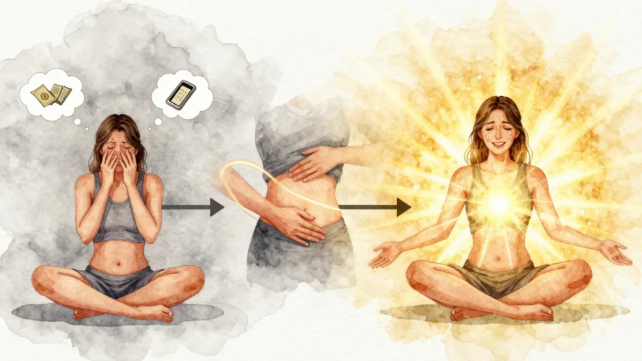 Ilustrace přechodu od napětí k klidu: myšlenky mizí, zářivá energie proudí tělem a osoba se proměňuje v klid a smíření.