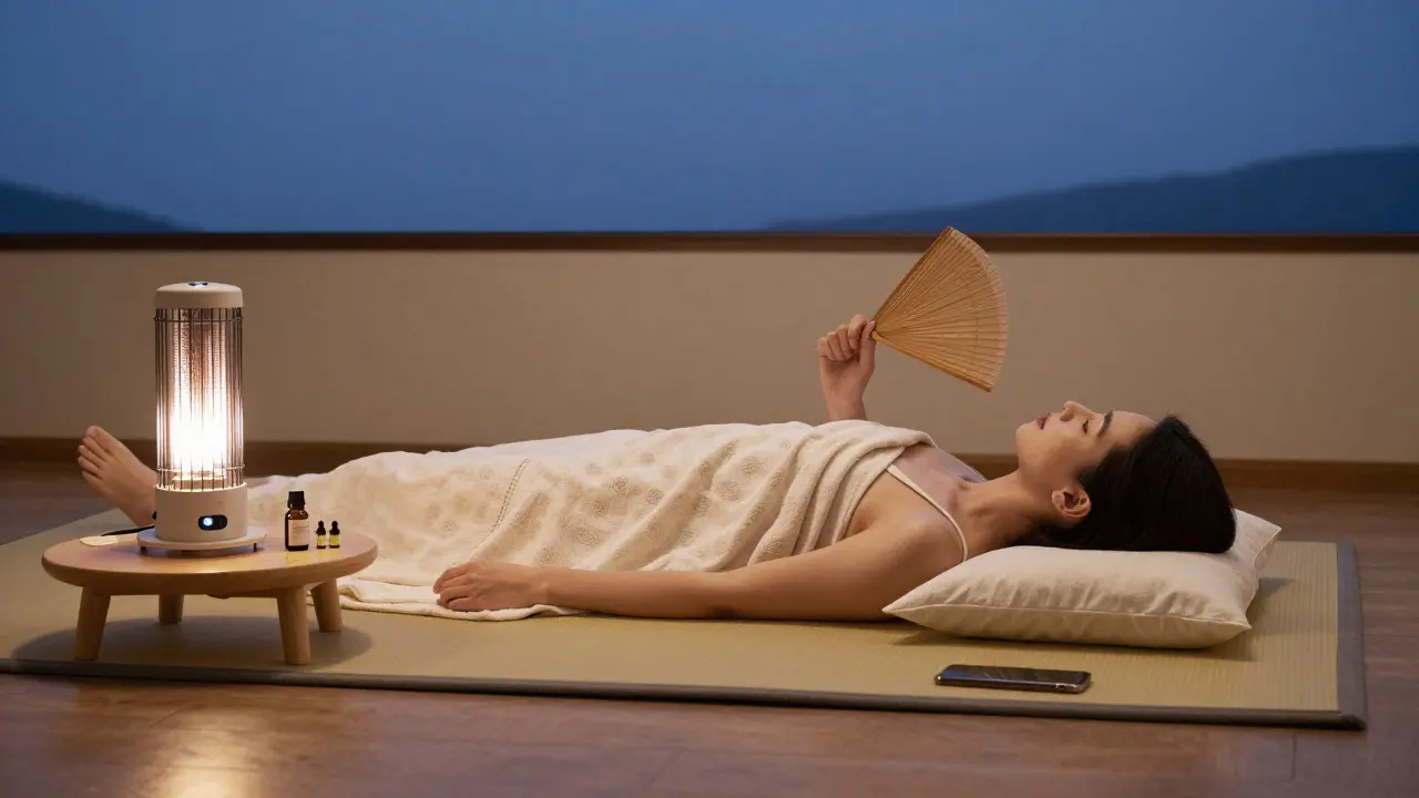 Minimální prostor s podložkou, vějířem a olejovým ohřívačem, bez technologie, jen klid a přítomnost.